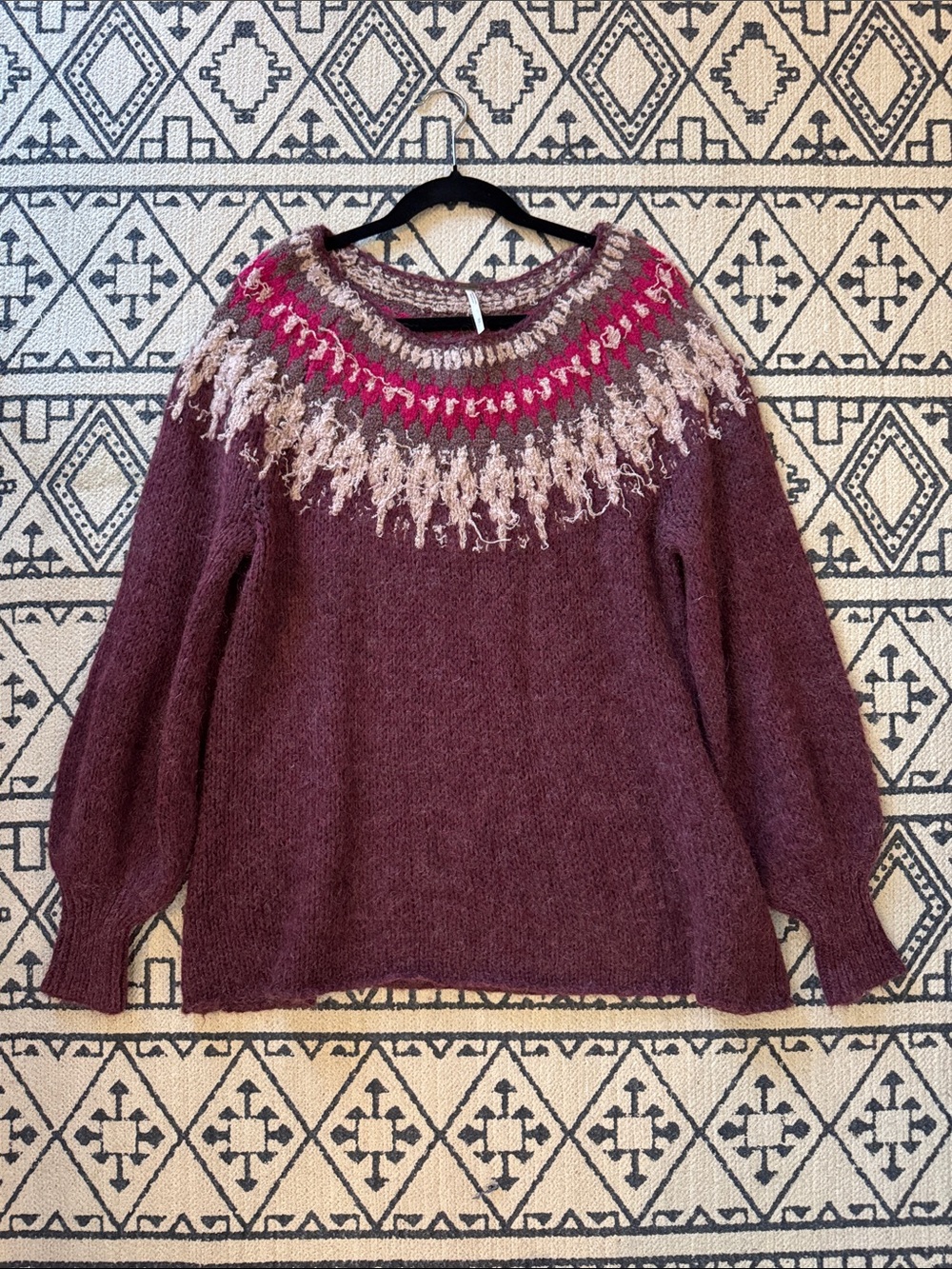 Women's Free People Plum Knit Fair Isle Yoke Wool Blend Sweater